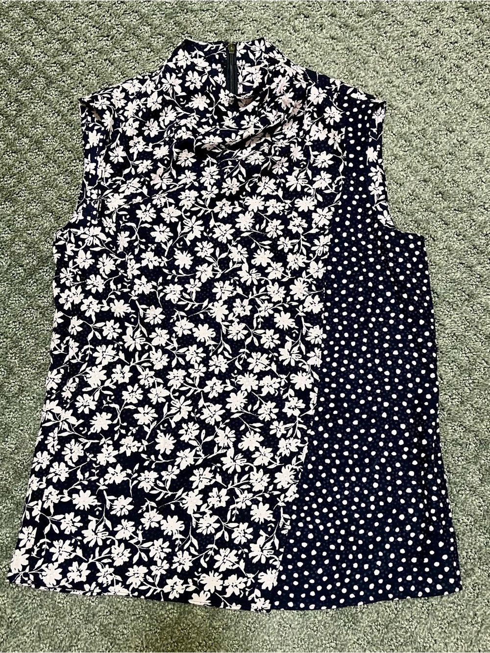 Rebecca Taylor Silk Sleeveless Navy & Purple Floral-Polka Dot Mock Neck Top